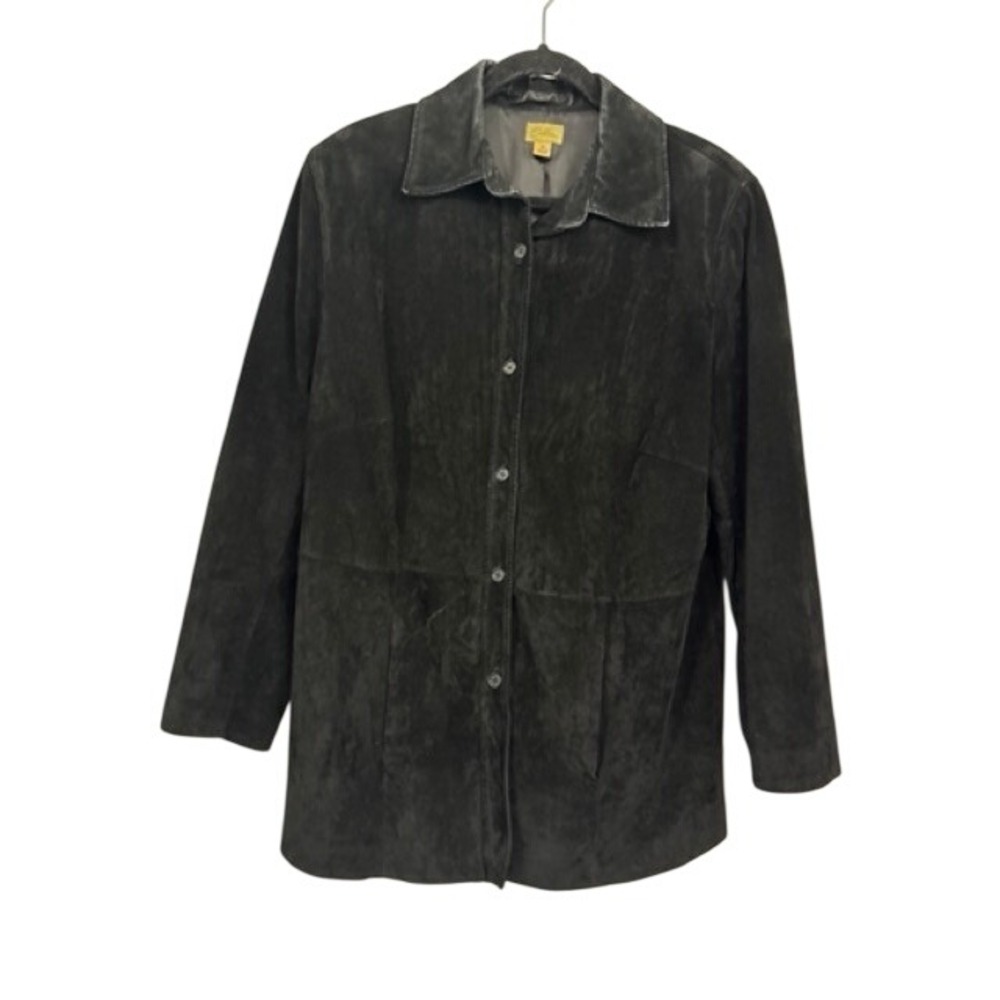 Vintage Caslon Black Suede Leather Button Front Jacket XL Minimalist Classic